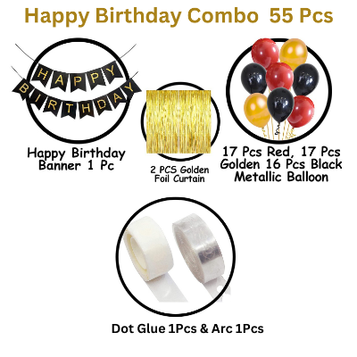 Birthday Combo: Black Card Banner, Golden Foil Curtains, Metallic Balloons, Balloons Arc, Glue Dot Tape - Full Set (55 Pcs)