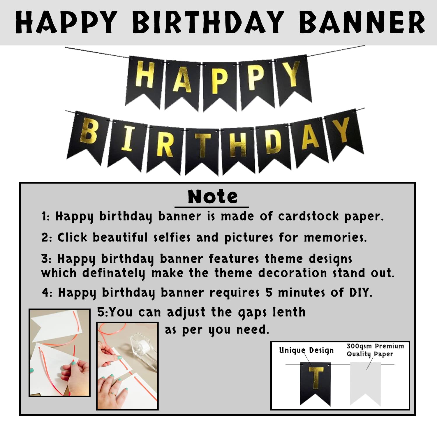 Birthday Combo: Black Card Banner, Golden Foil Curtains, Metallic Balloons, Balloons Arc, Glue Dot Tape - Full Set (55 Pcs)