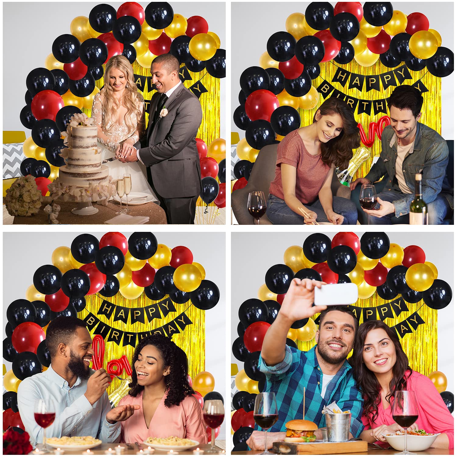 Birthday Combo: Black Card Banner, Golden Foil Curtains, Metallic Balloons, Balloons Arc, Glue Dot Tape - Full Set (55 Pcs)