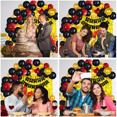 Birthday Combo: Black Card Banner, Golden Foil Curtains, Metallic Balloons, Balloons Arc, Glue Dot Tape - Full Set (55 Pcs)