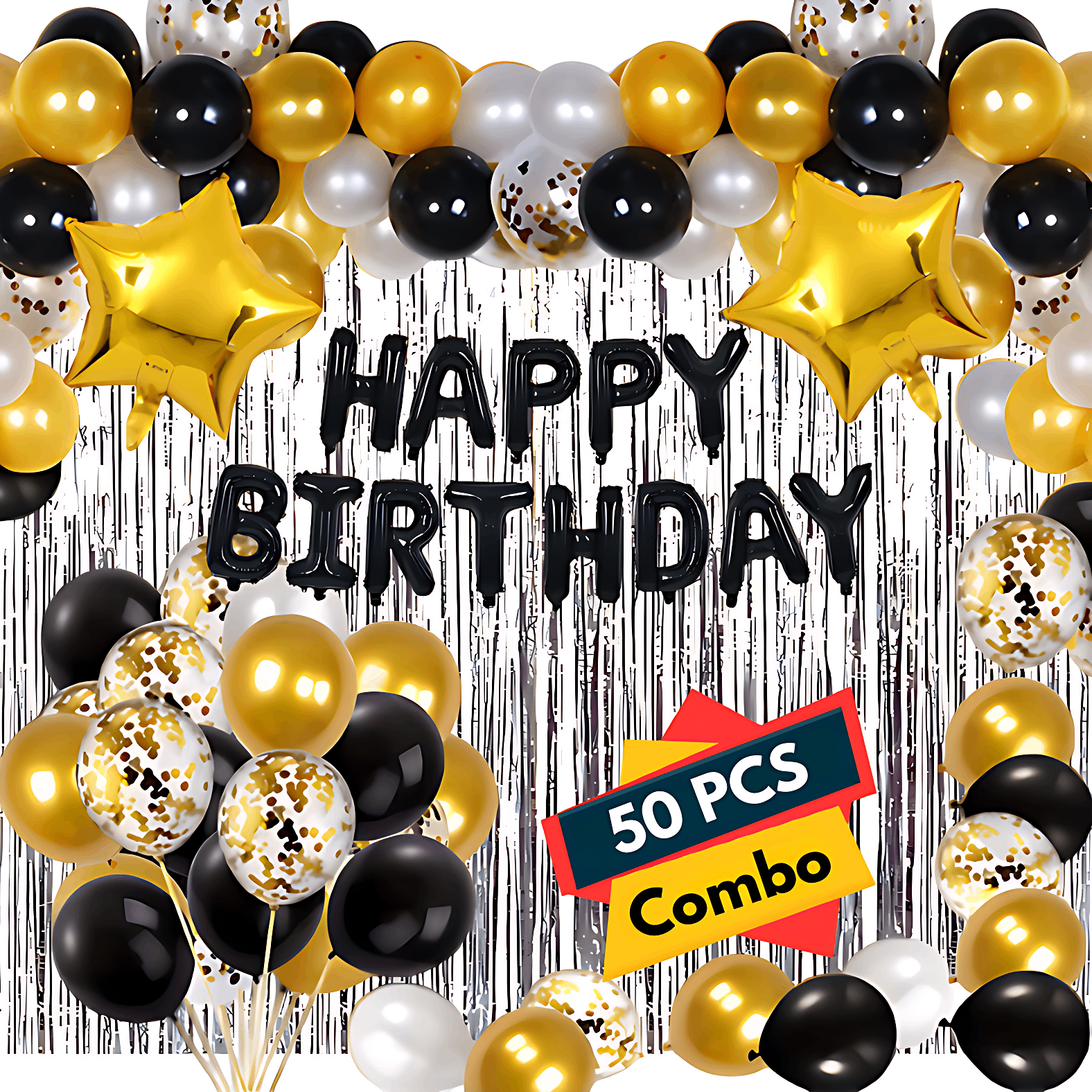 Birthday Celebration Set: Black Foil Banner, Silver Curtains, Metallic Balloons, Star Foil, Confetti Balloons - Full Kit (50 Pcs)