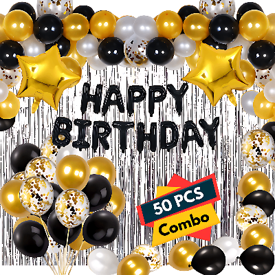 Birthday Celebration Set: Black Foil Banner, Silver Curtains, Metallic Balloons, Star Foil, Confetti Balloons - Full Kit (50 Pcs)