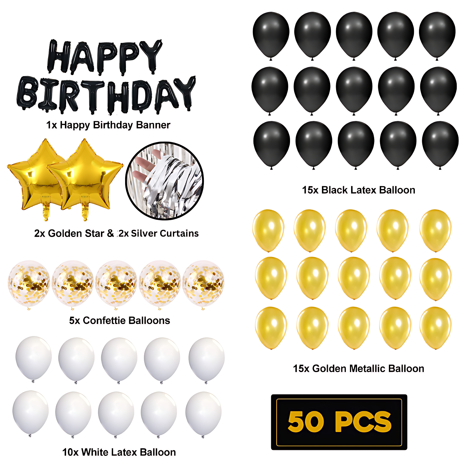 Birthday Celebration Set: Black Foil Banner, Silver Curtains, Metallic Balloons, Star Foil, Confetti Balloons - Full Kit (50 Pcs)