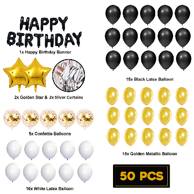 Birthday Celebration Set: Black Foil Banner, Silver Curtains, Metallic Balloons, Star Foil, Confetti Balloons - Full Kit (50 Pcs)