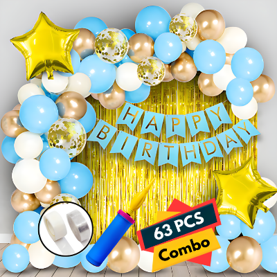 Birthday Décor Set: Card Banner, Backdrop Curtains, Metallic Balloons, Pumper, Deco Kit - All-In-One Celebration Pack (63 Pcs)