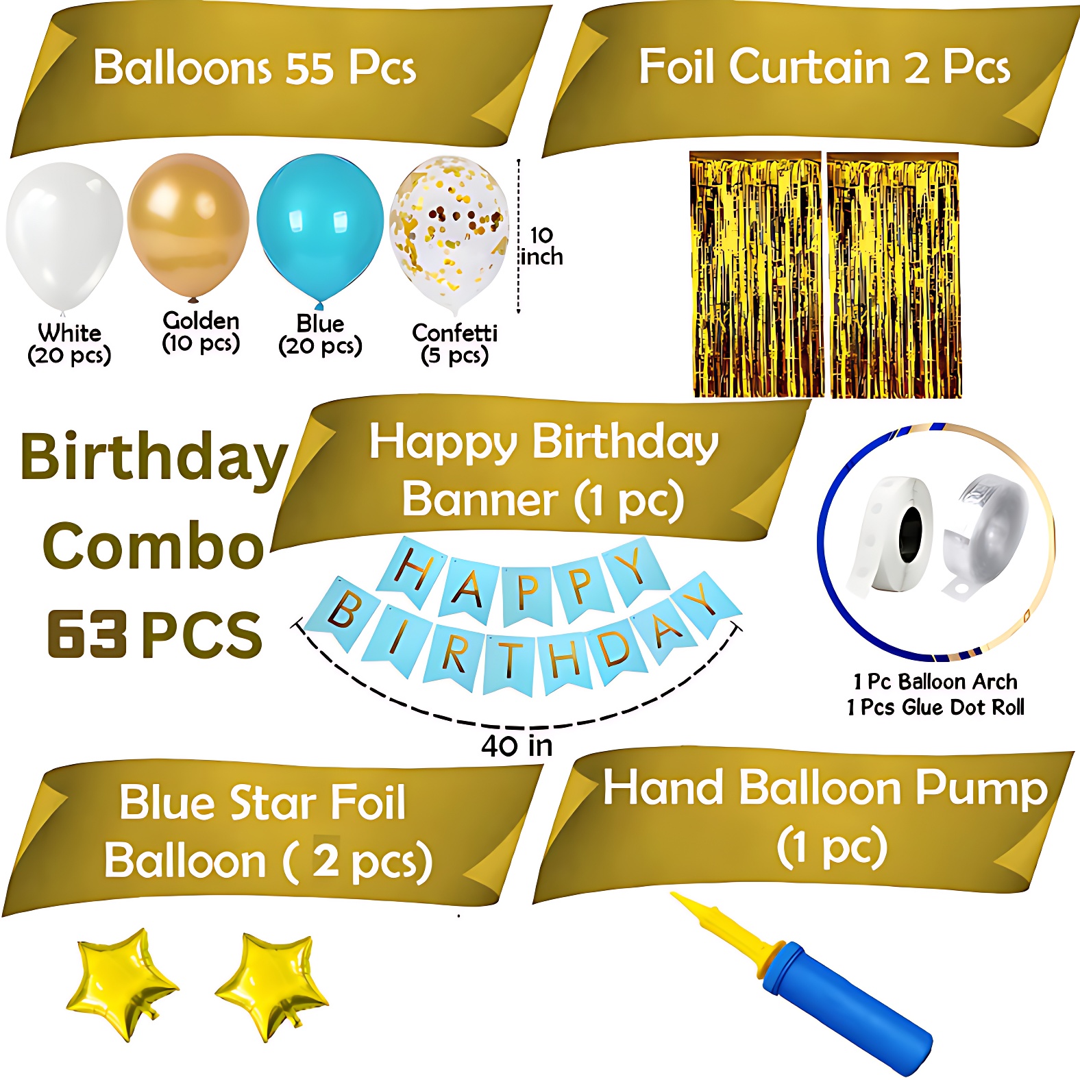 Birthday Décor Set: Card Banner, Backdrop Curtains, Metallic Balloons, Pumper, Deco Kit - All-In-One Celebration Pack (63 Pcs)