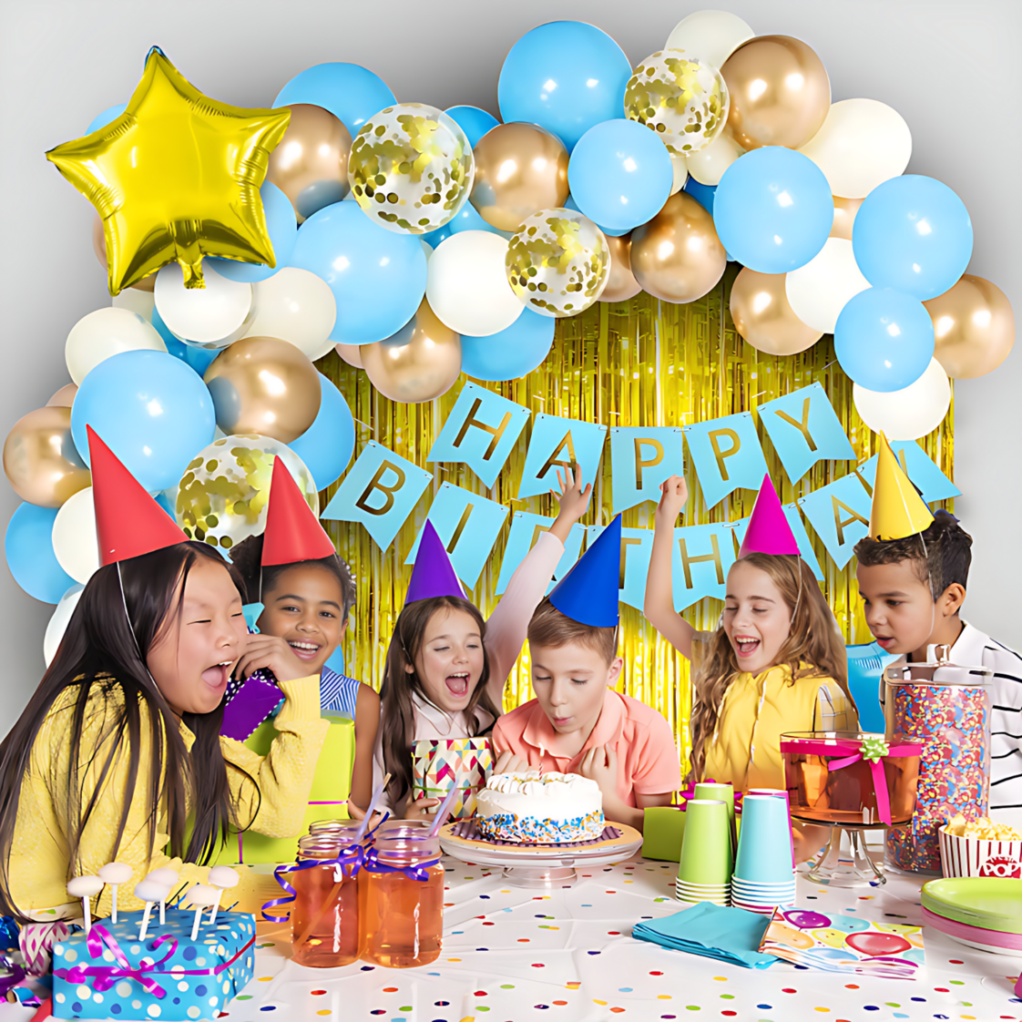 Birthday Décor Set: Card Banner, Backdrop Curtains, Metallic Balloons, Pumper, Deco Kit - All-In-One Celebration Pack (63 Pcs)
