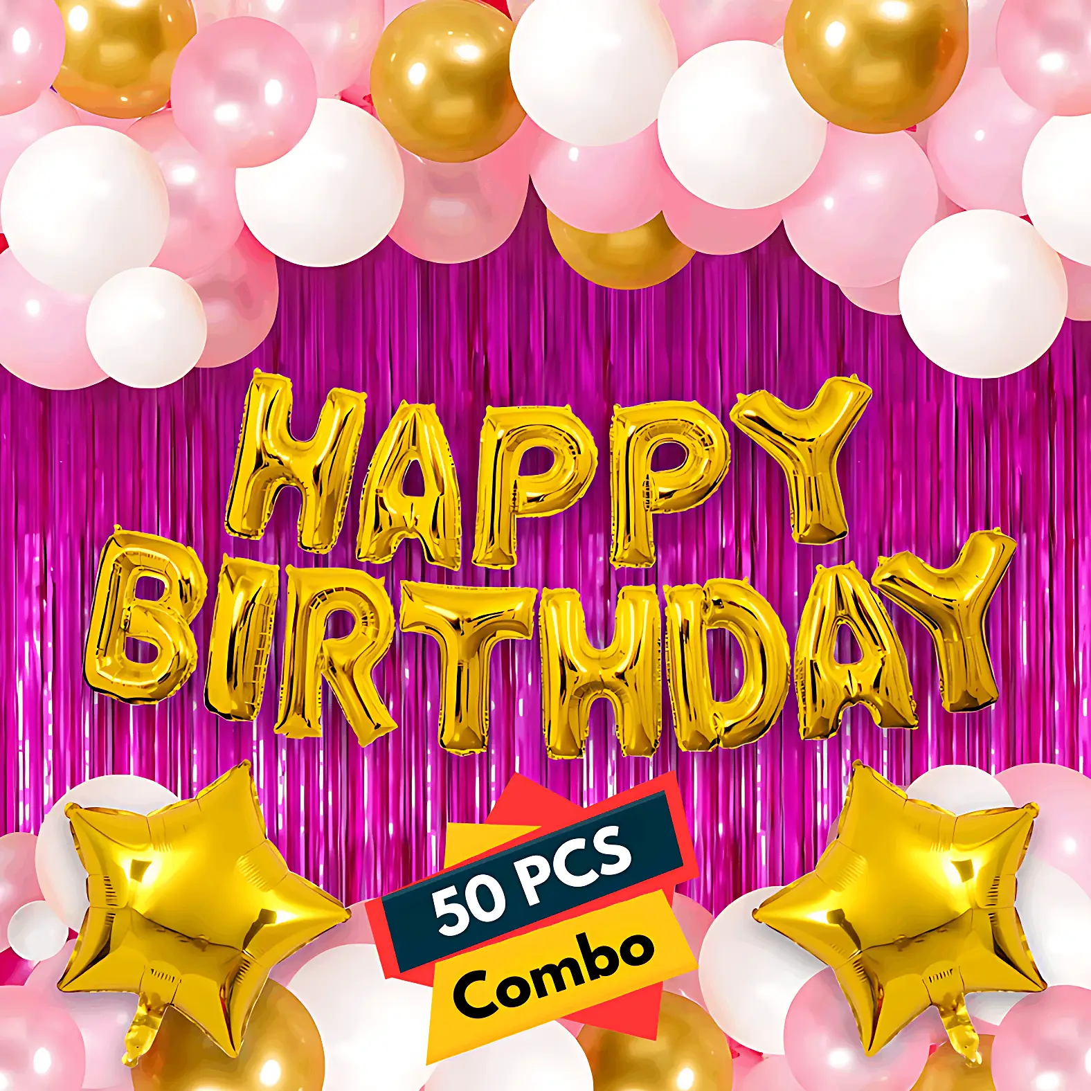 Birthday Party Elegance in Gold & Pink: Foil Banner, Curtains, Metallic Balloons, Star Foil - Complete Birthday Decor (50 Pcs)