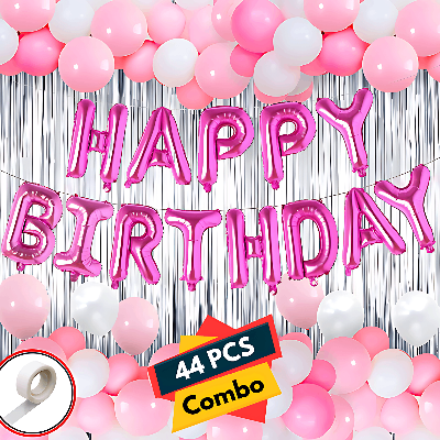 Elegant Pink Birthday Combo: Foil Banner, Silver Curtains, Metallic Balloons - Birthday Combo Pack (44 Pcs)