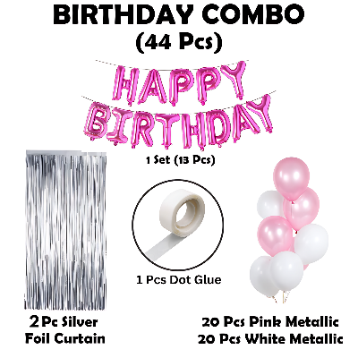 Elegant Pink Birthday Combo: Foil Banner, Silver Curtains, Metallic Balloons - Birthday Combo Pack (44 Pcs)