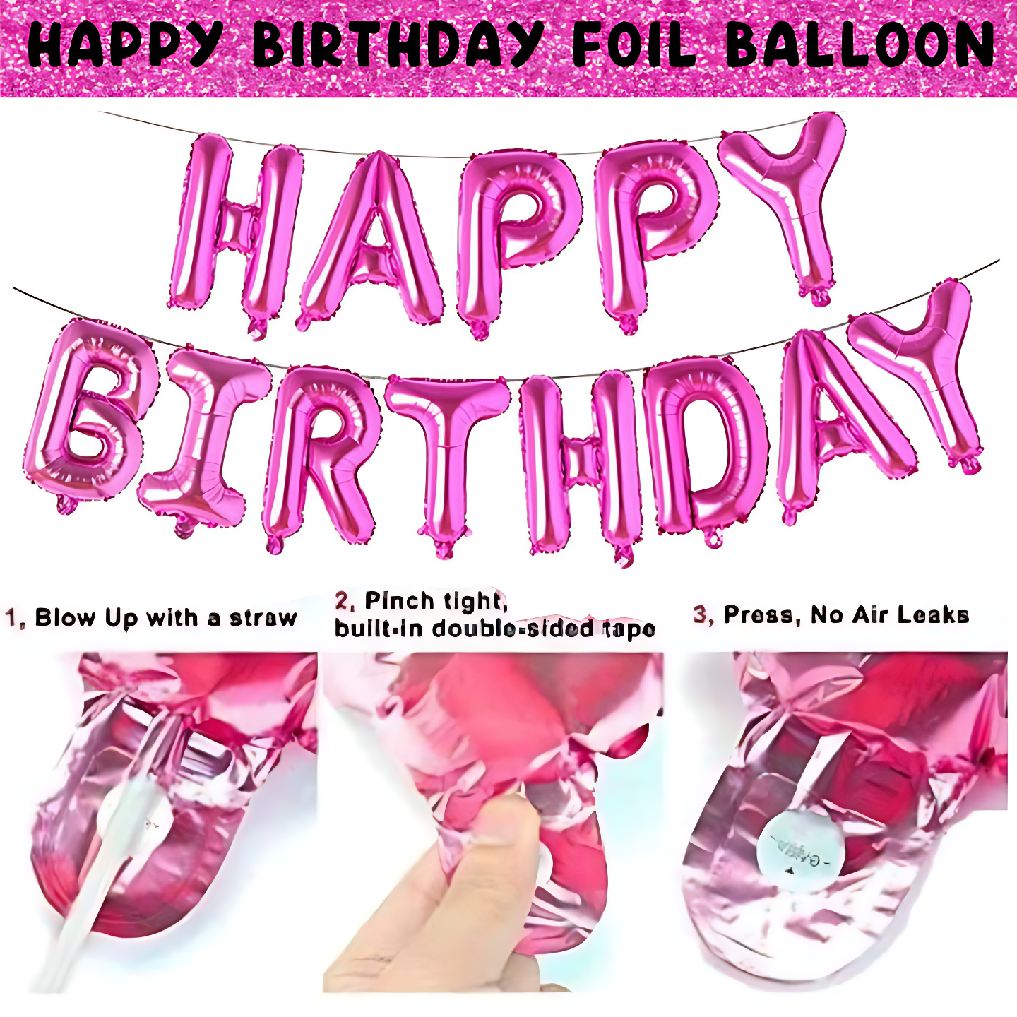Elegant Pink Birthday Combo: Foil Banner, Silver Curtains, Metallic Balloons - Birthday Combo Pack (44 Pcs)