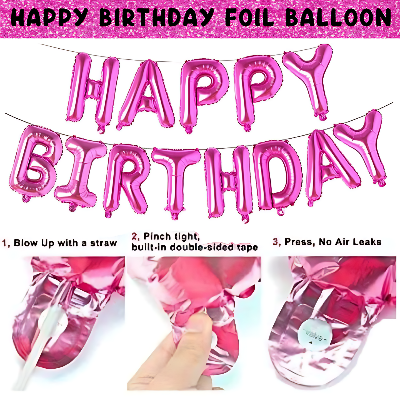 Elegant Pink Birthday Combo: Foil Banner, Silver Curtains, Metallic Balloons - Birthday Combo Pack (44 Pcs)