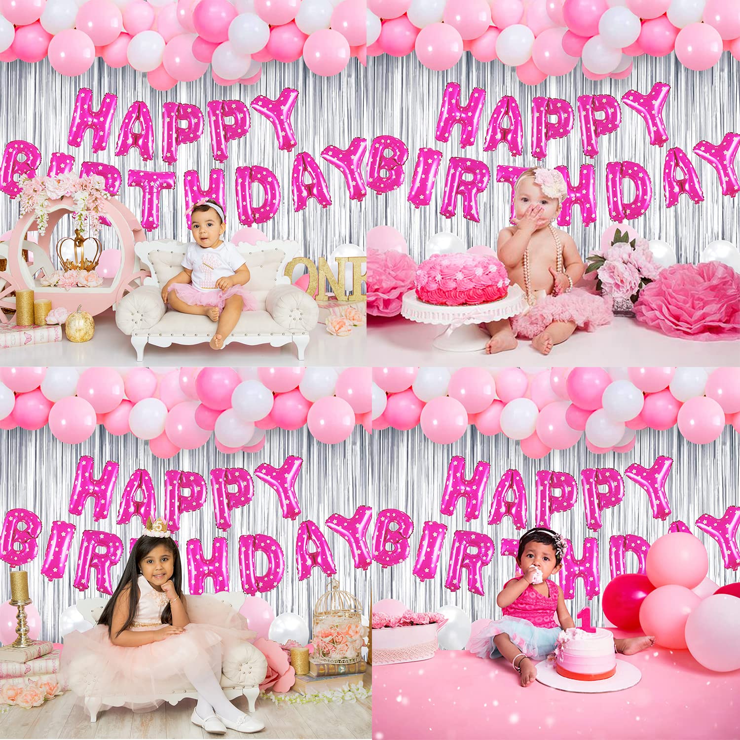 Elegant Pink Birthday Combo: Foil Banner, Silver Curtains, Metallic Balloons - Birthday Combo Pack (44 Pcs)