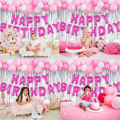 Elegant Pink Birthday Combo: Foil Banner, Silver Curtains, Metallic Balloons - Birthday Combo Pack (44 Pcs)