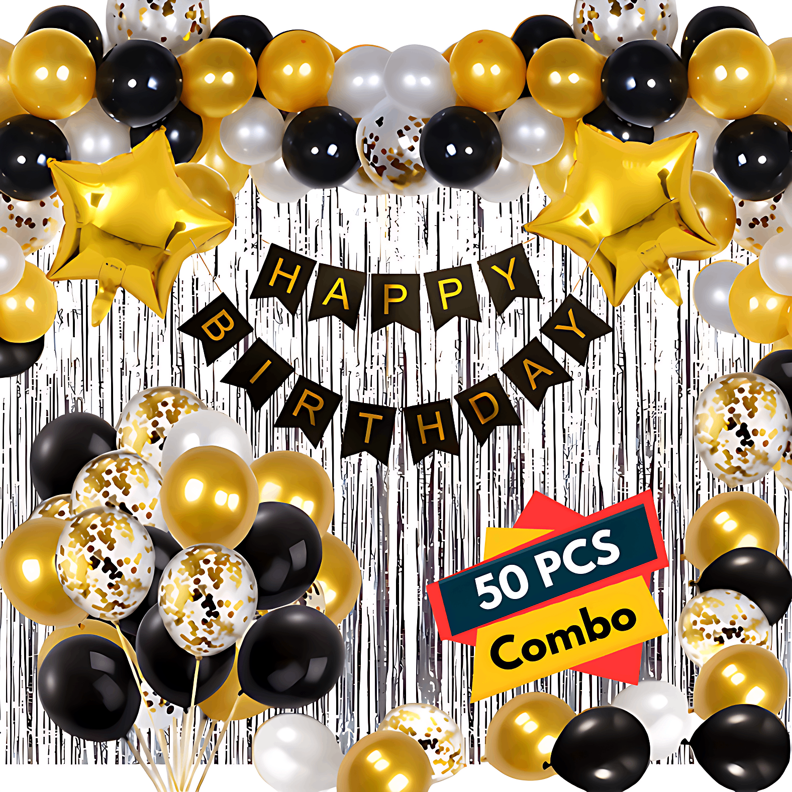 Glamour Birthday Package: Black Paper Banner, Silver Foil Curtains, Metallic Balloons - Party Decor Full Package (50 Pcs)