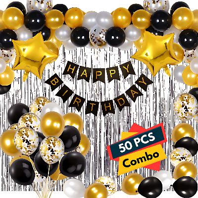 Glamour Birthday Package: Black Paper Banner, Silver Foil Curtains, Metallic Balloons - Party Decor Full Package (50 Pcs)