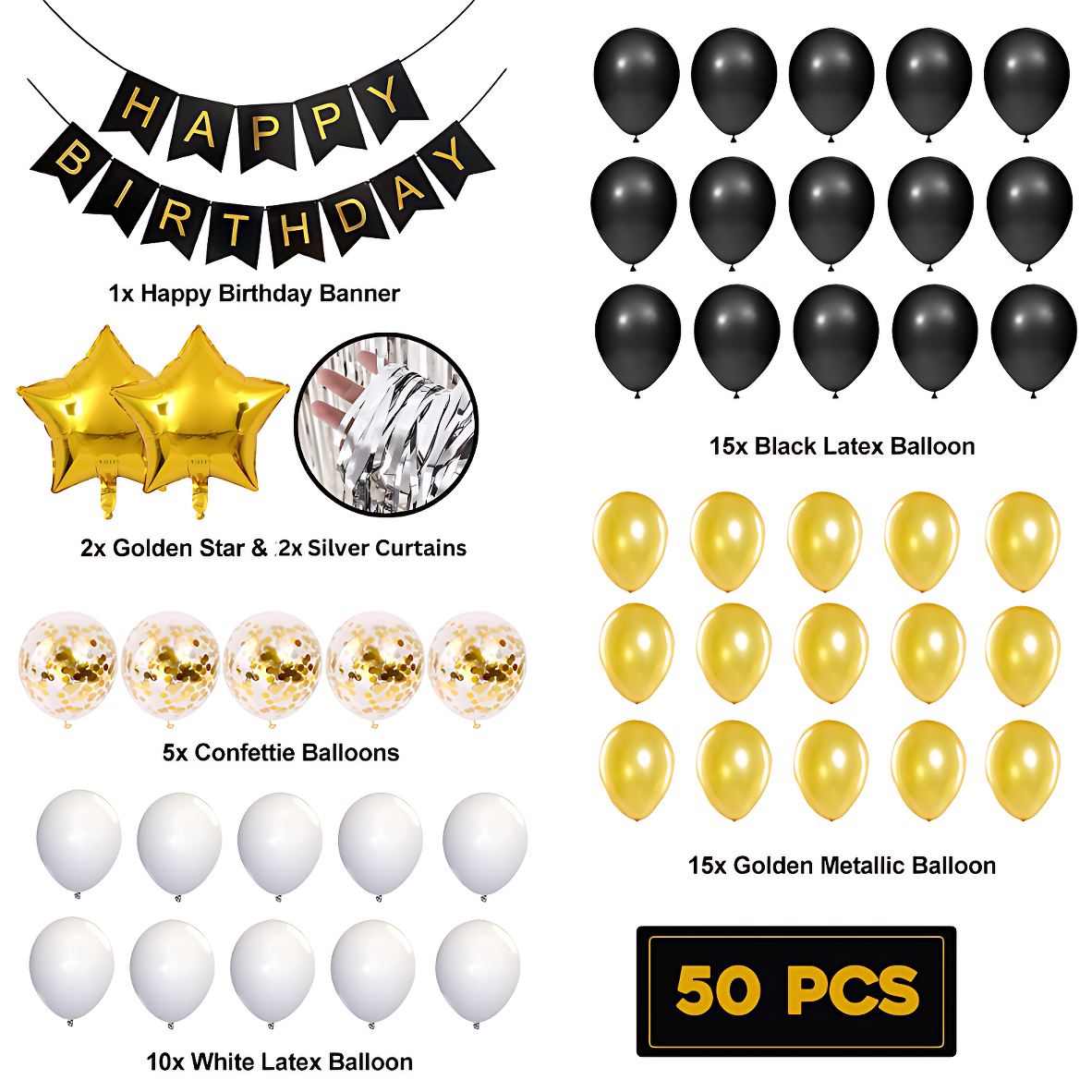 Glamour Birthday Package: Black Paper Banner, Silver Foil Curtains, Metallic Balloons - Party Decor Full Package (50 Pcs)