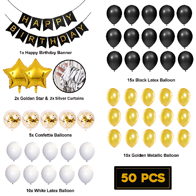 Glamour Birthday Package: Black Paper Banner, Silver Foil Curtains, Metallic Balloons - Party Decor Full Package (50 Pcs)
