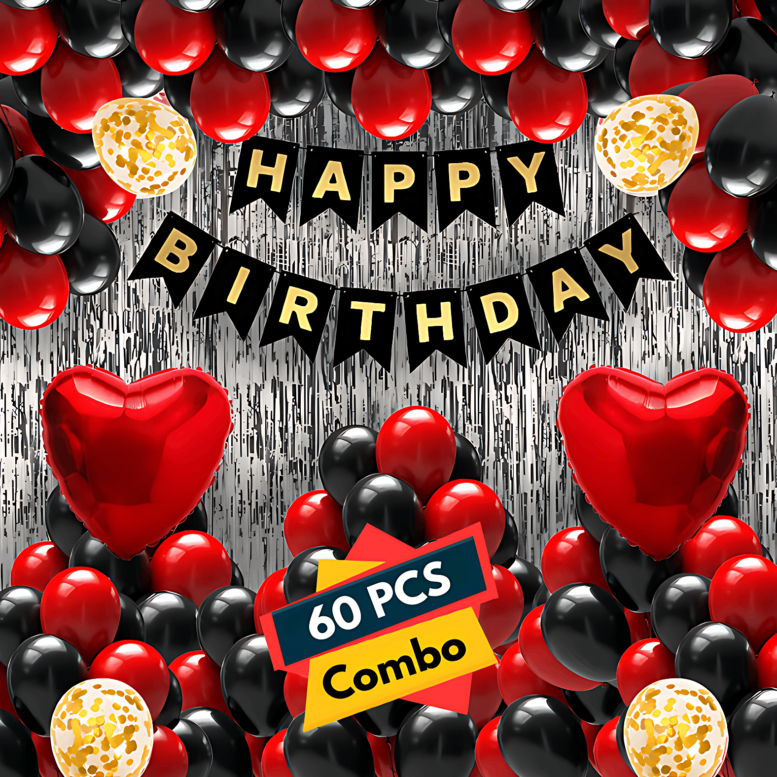Celebrate Birthday Love: Card Banner, Backdrop Curtains, Metallic Balloons, Golden Confetti - Birthday Combo (60 Pcs)