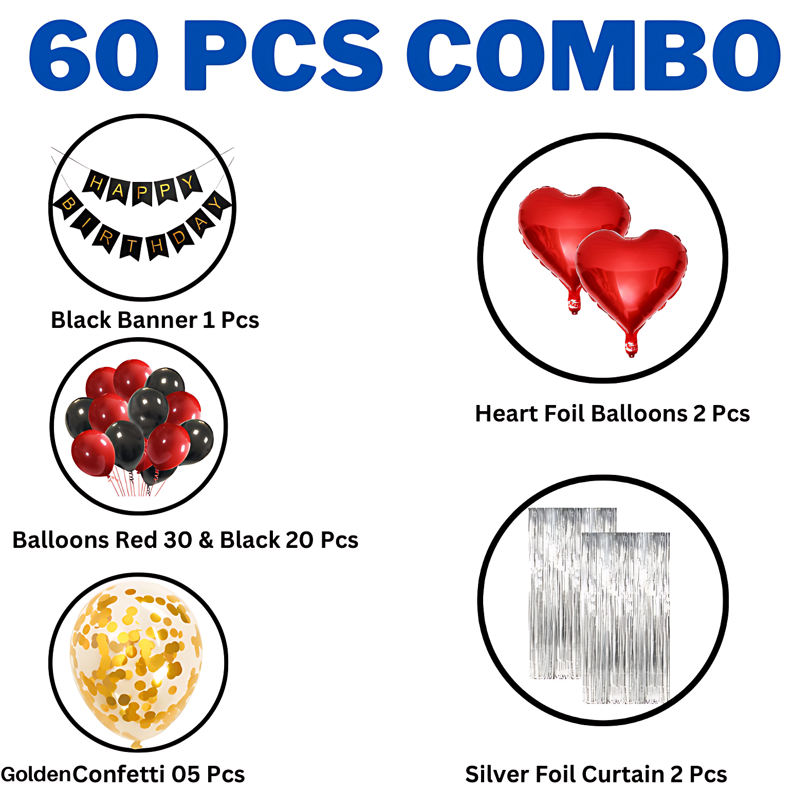 Celebrate Birthday Love: Card Banner, Backdrop Curtains, Metallic Balloons, Golden Confetti - Birthday Combo (60 Pcs)
