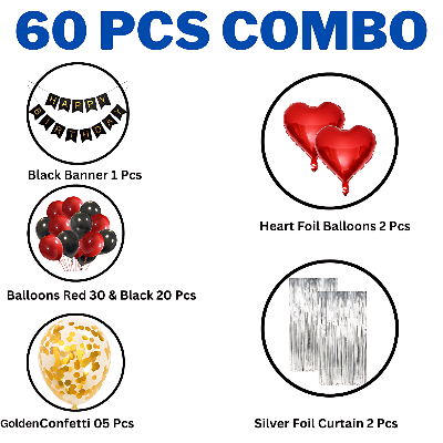 Celebrate Birthday Love: Card Banner, Backdrop Curtains, Metallic Balloons, Golden Confetti - Birthday Combo (60 Pcs)