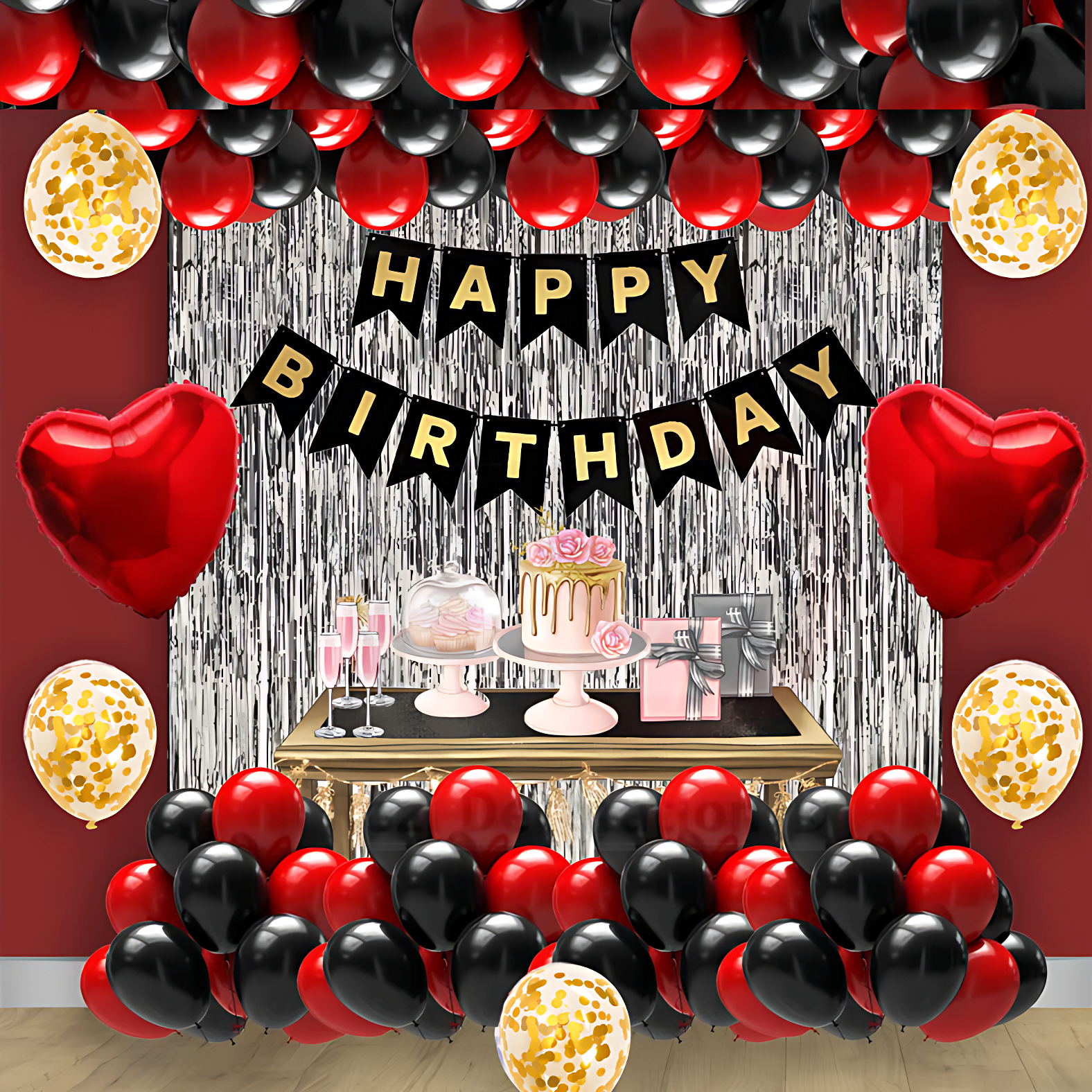 Celebrate Birthday Love: Card Banner, Backdrop Curtains, Metallic Balloons, Golden Confetti - Birthday Combo (60 Pcs)
