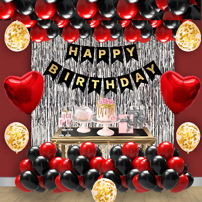 Celebrate Birthday Love: Card Banner, Backdrop Curtains, Metallic Balloons, Golden Confetti - Birthday Combo (60 Pcs)