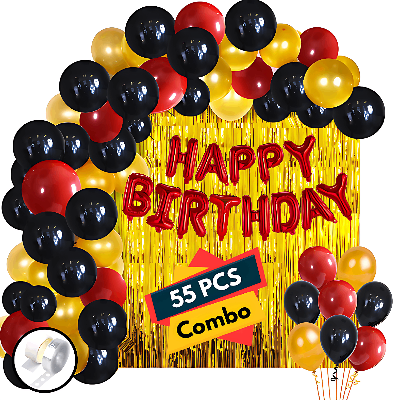 Dazzling Birthday Party Pack: Red Foil Banner, Golden Curtains, Metallic Balloons, Balloons Arch- (Pack of 55 Pcs)