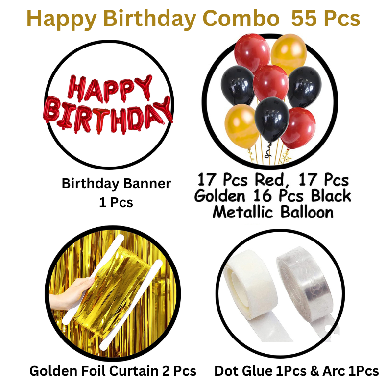 Dazzling Birthday Party Pack: Red Foil Banner, Golden Curtains, Metallic Balloons, Balloons Arch- (Pack of 55 Pcs)