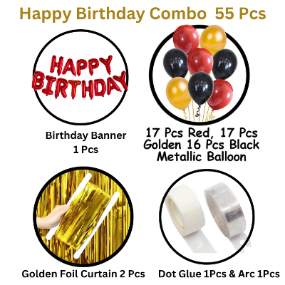 Dazzling Birthday Party Pack: Red Foil Banner, Golden Curtains, Metallic Balloons, Balloons Arch- (Pack of 55 Pcs)