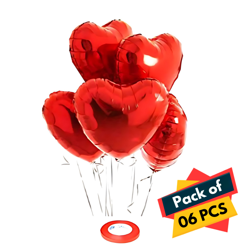 Heartwarming Balloon Bundle: Red Heart Shape Foil Balloons & Ribbon for Parties, Events, and Valentine's Day (Pack of 6 Pcs)
