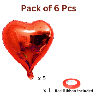 Heartwarming Balloon Bundle: Red Heart Shape Foil Balloons & Ribbon for Parties, Events, and Valentine's Day (Pack of 6 Pcs)