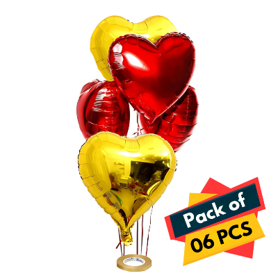 Radiant Love Balloons: Golden & Red Heart Shape Foil Balloons with Ribbon - Perfect for Parties and Valentine's Day (Pack of 6 Pcs)
