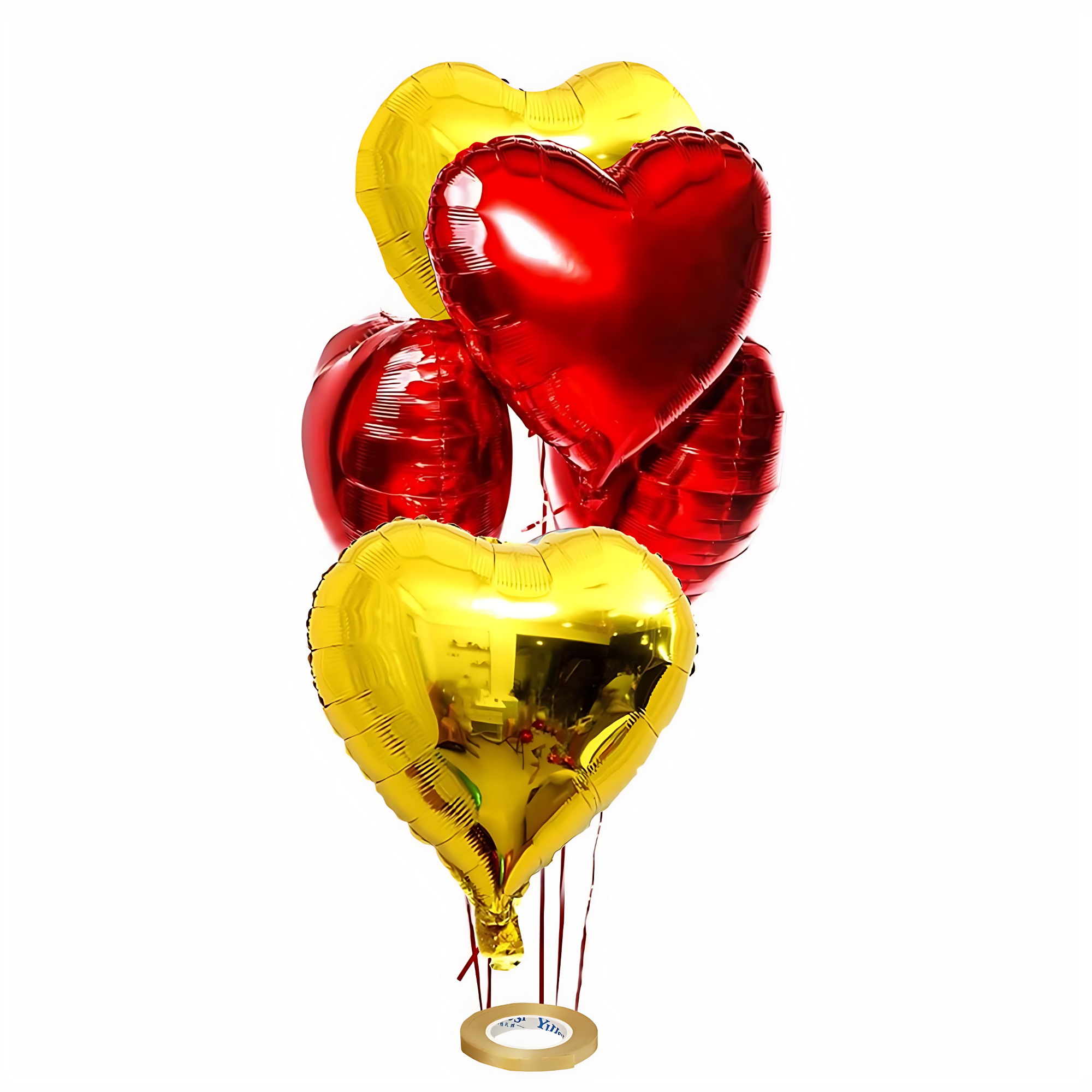 Radiant Love Balloons: Golden & Red Heart Shape Foil Balloons with Ribbon - Perfect for Parties and Valentine's Day (Pack of 6 Pcs)