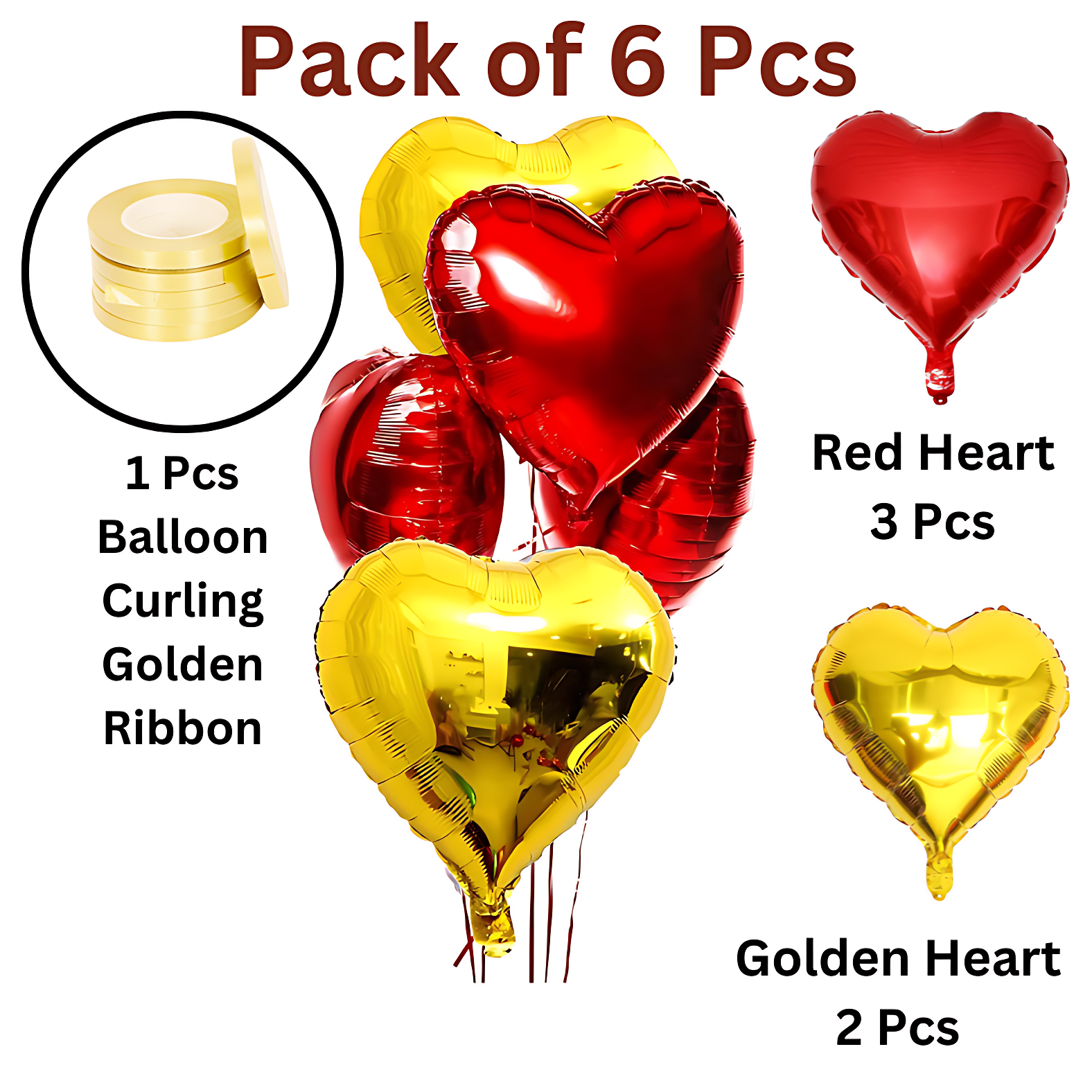 Radiant Love Balloons: Golden & Red Heart Shape Foil Balloons with Ribbon - Perfect for Parties and Valentine's Day (Pack of 6 Pcs)