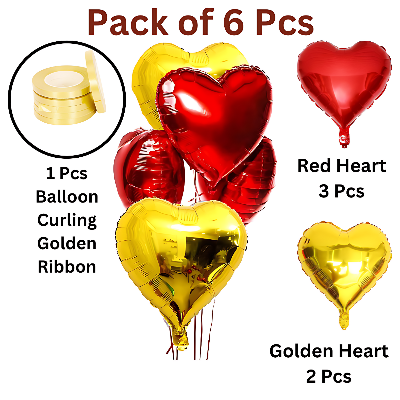 Radiant Love Balloons: Golden & Red Heart Shape Foil Balloons with Ribbon - Perfect for Parties and Valentine's Day (Pack of 6 Pcs)