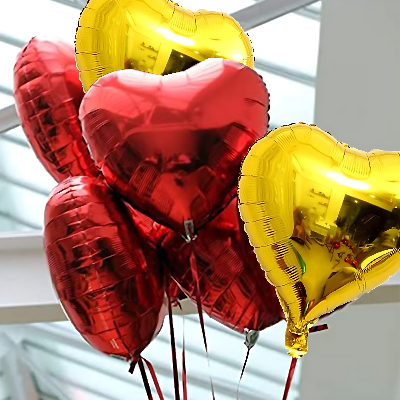 Radiant Love Balloons: Golden & Red Heart Shape Foil Balloons with Ribbon - Perfect for Parties and Valentine's Day (Pack of 6 Pcs)