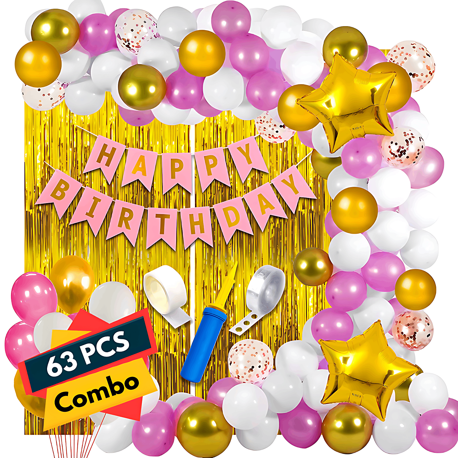 Pink Birthday Decor Combo Pack for Girls & Women - Card Banner, Backdrop Curtains, Metallic Balloons, Balloons Pumper, and More (63 Pcs)