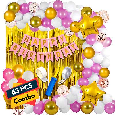 Pink Birthday Decor Combo Pack for Girls & Women - Card Banner, Backdrop Curtains, Metallic Balloons, Balloons Pumper, and More (63 Pcs)