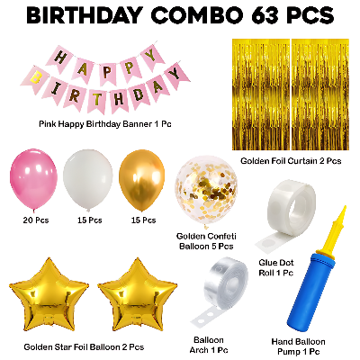 Pink Birthday Decor Combo Pack for Girls & Women - Card Banner, Backdrop Curtains, Metallic Balloons, Balloons Pumper, and More (63 Pcs)