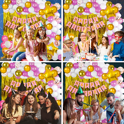 Pink Birthday Decor Combo Pack for Girls & Women - Card Banner, Backdrop Curtains, Metallic Balloons, Balloons Pumper, and More (63 Pcs)