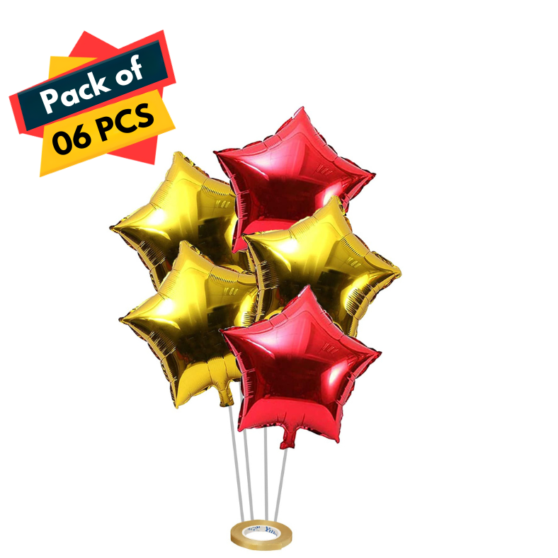 Golden and Red Star Foil Balloons Set with Balloon Ribbon, Ideal for Party, Event, and Valentine's Day (Pack of 6 Pcs)