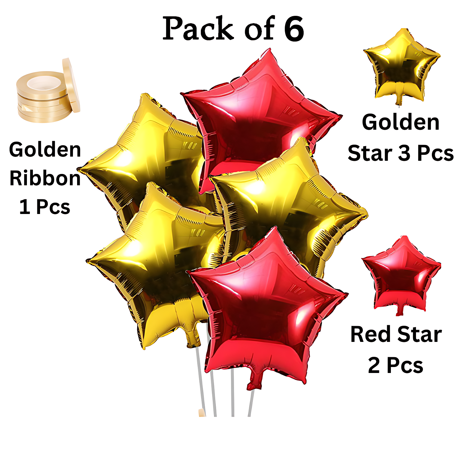 Golden and Red Star Foil Balloons Set with Balloon Ribbon, Ideal for Party, Event, and Valentine's Day (Pack of 6 Pcs)