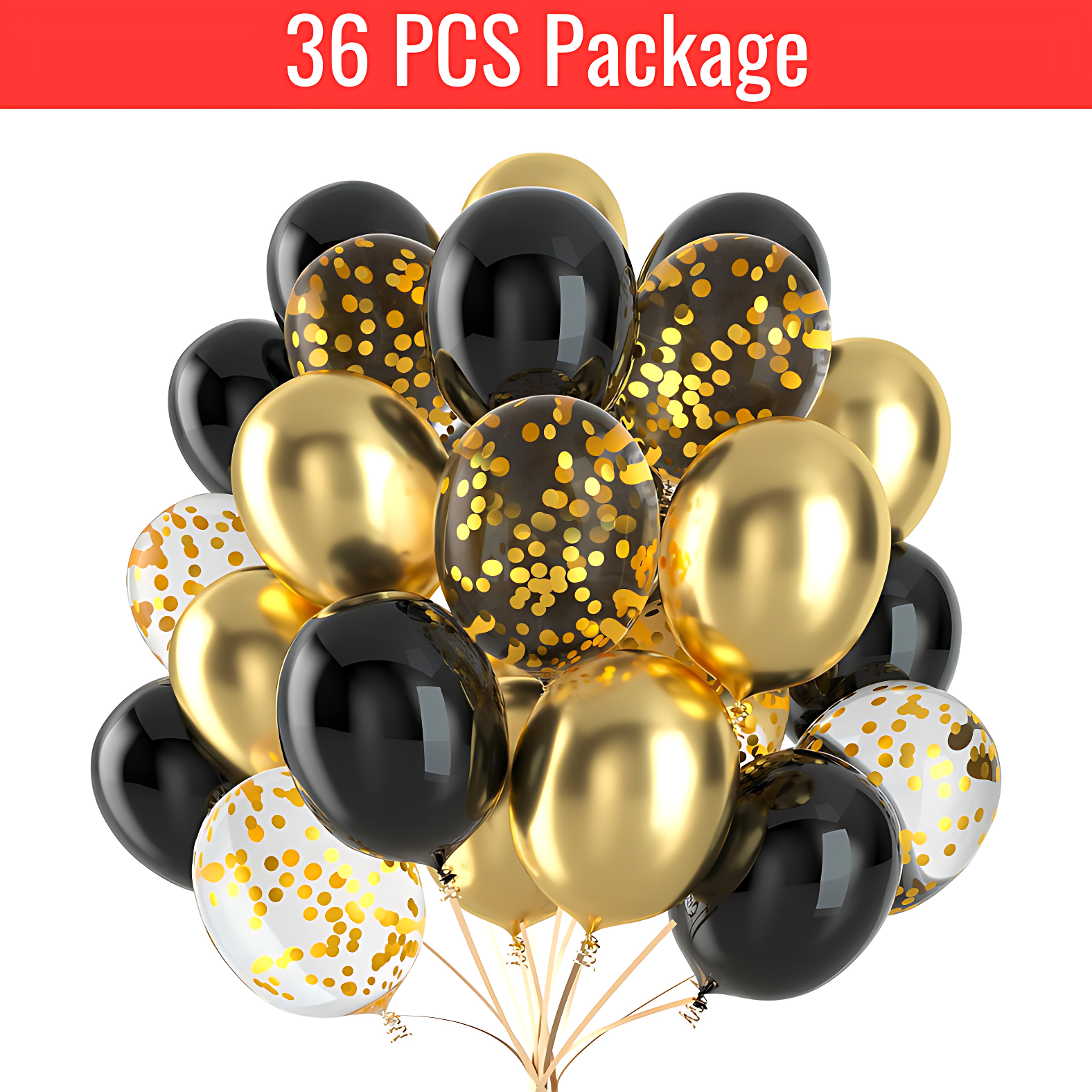 Golden Confetti and Metallic HQ Latex Balloons with Ribbon – Perfect for Birthdays, Anniversaries, Weddings, Baby Showers, Valentine's Day, and Events – (Pack of 36 Pcs)