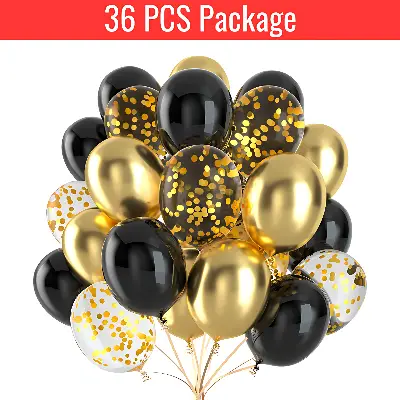 Golden Confetti and Metallic HQ Latex Balloons with Ribbon – Perfect for Birthdays, Anniversaries, Weddings, Baby Showers, Valentine's Day, and Events – (Pack of 36 Pcs)