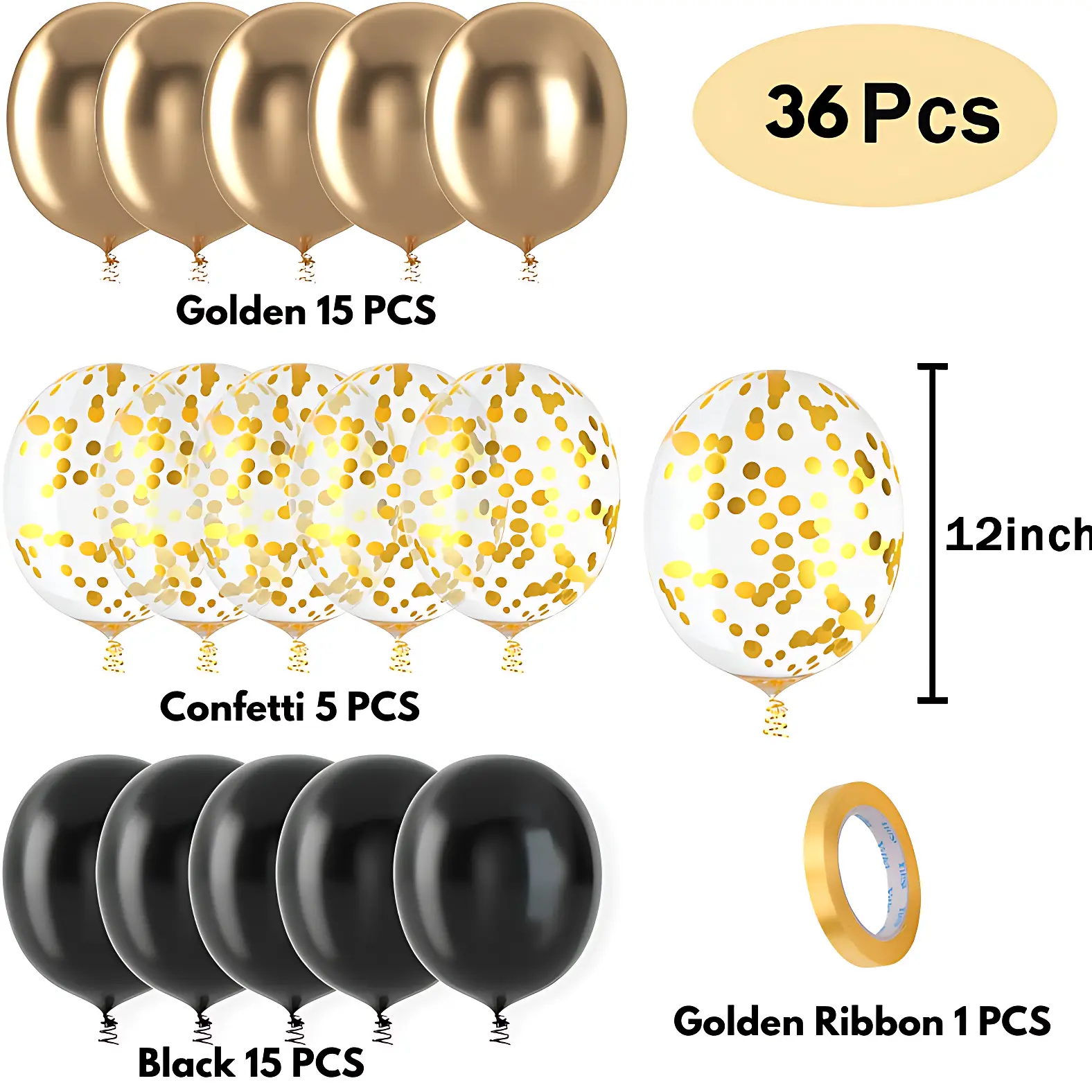 Golden Confetti and Metallic HQ Latex Balloons with Ribbon – Perfect for Birthdays, Anniversaries, Weddings, Baby Showers, Valentine's Day, and Events – (Pack of 36 Pcs)