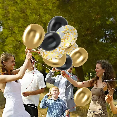 Golden Confetti and Metallic HQ Latex Balloons with Ribbon – Perfect for Birthdays, Anniversaries, Weddings, Baby Showers, Valentine's Day, and Events – (Pack of 36 Pcs)