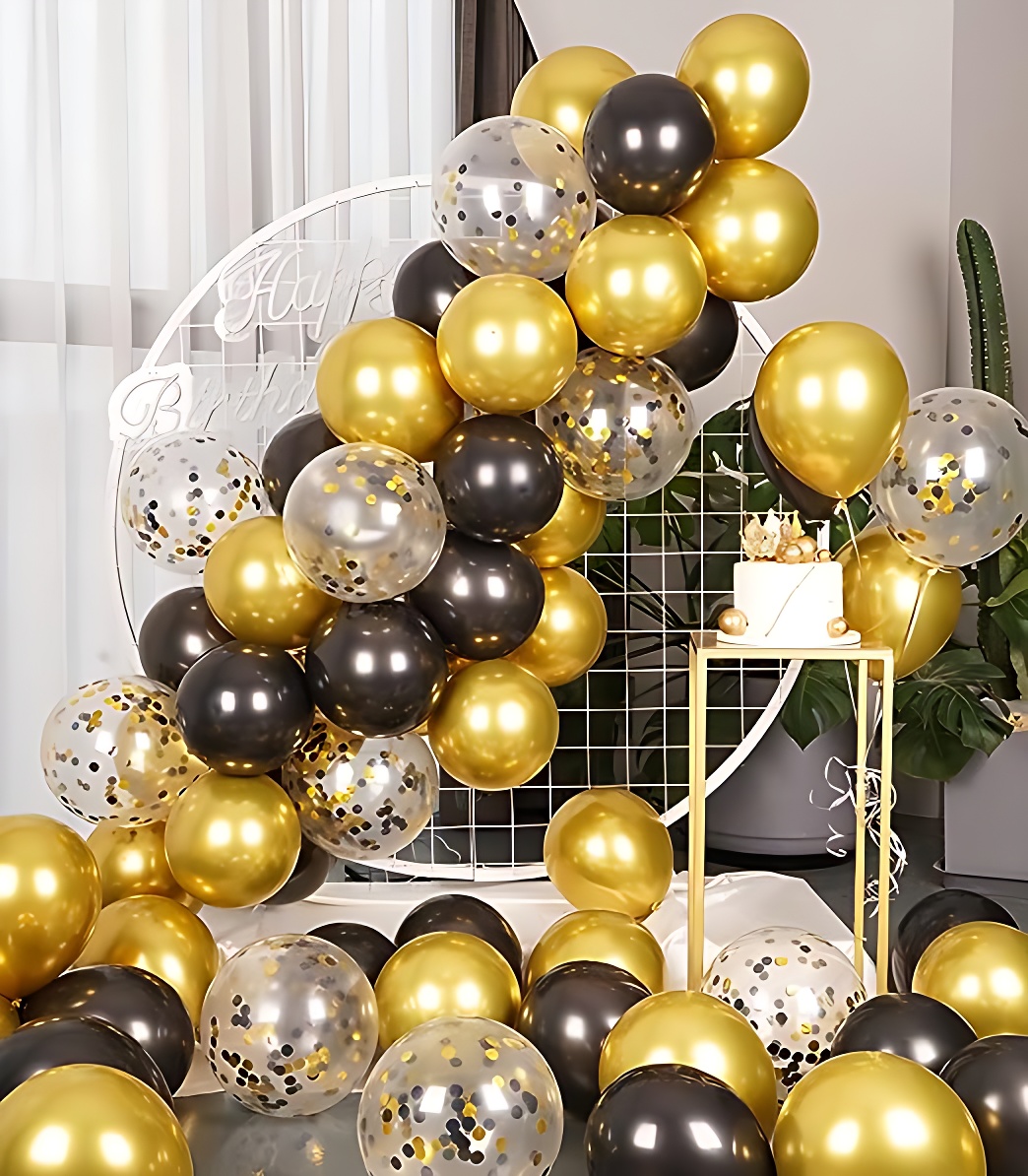 Golden Confetti and Metallic HQ Latex Balloons with Ribbon – Perfect for Birthdays, Anniversaries, Weddings, Baby Showers, Valentine's Day, and Events – (Pack of 36 Pcs)