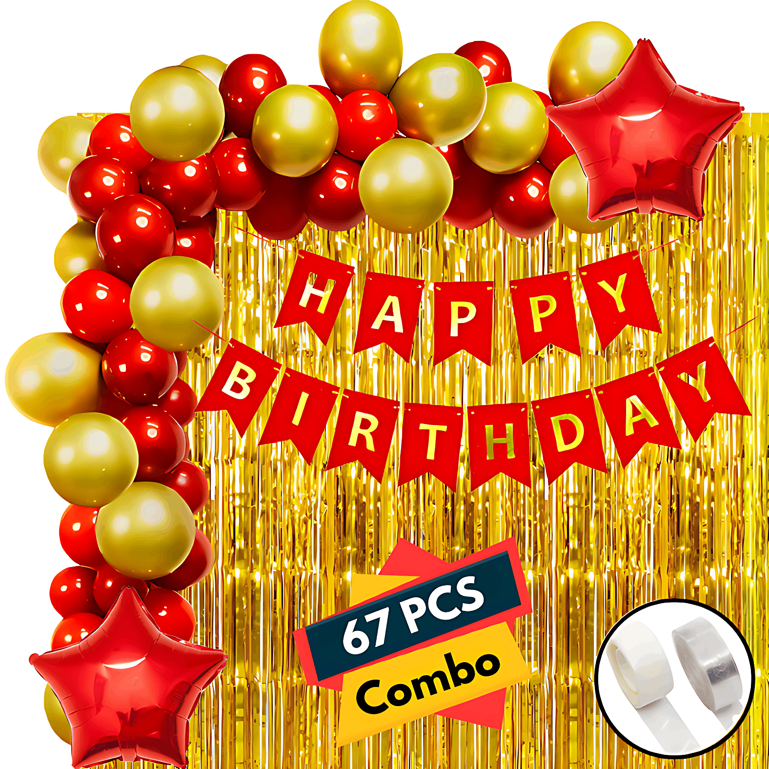 Birthday Package: Banners, Backdrop Curtains, Metallic & Star Balloons, Balloon Arch - Glue Dot Tape Decor (67 Pieces)