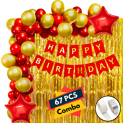 Birthday Package: Banners, Backdrop Curtains, Metallic & Star Balloons, Balloon Arch - Glue Dot Tape Decor (67 Pieces)
